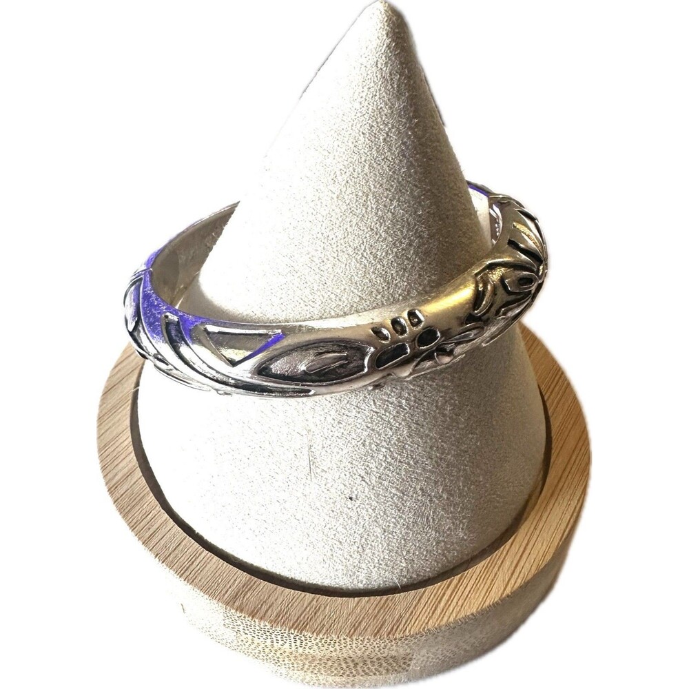 Vintage Silver Tone Hinged Clamp Bangle Bracelet Abstract Tribal Design 7.5